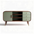Mid-century modern wooden cabinet with green doors and three drawers