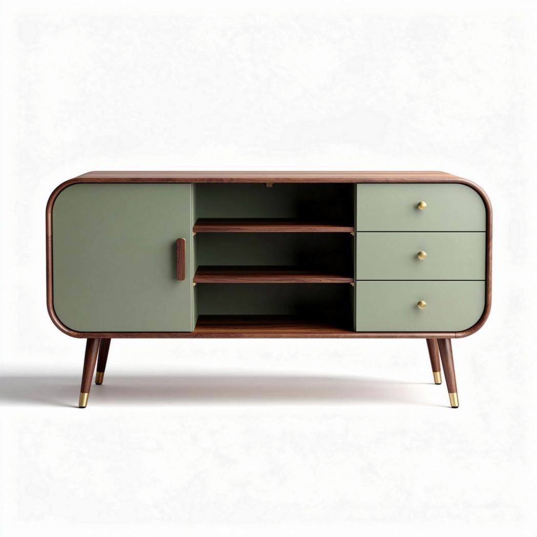 Mid-century modern wooden cabinet with green doors and three drawers