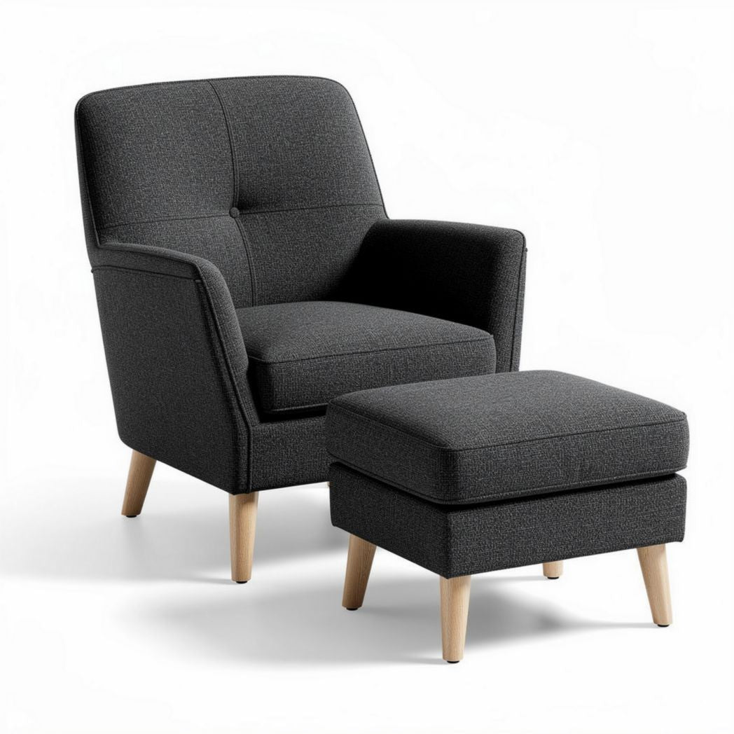 upholstered armchair and ottoman set in dark gray fabric with natural wood legs