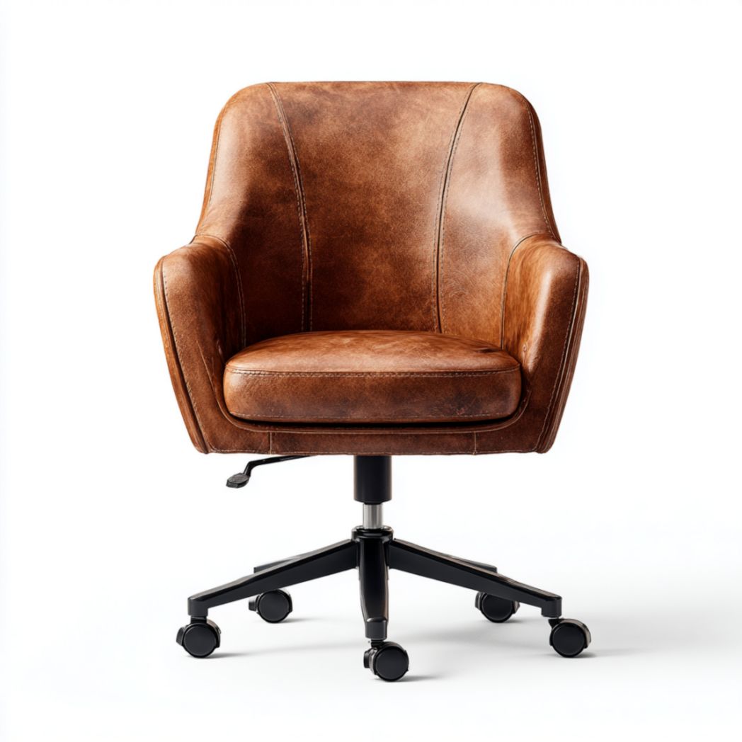Leather office chair with adjustable height and rolling wheels brown color