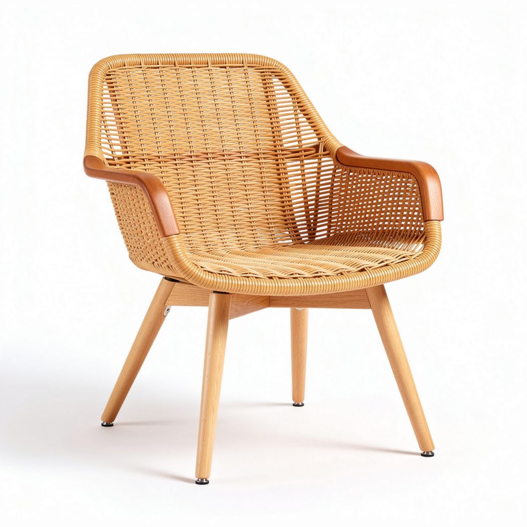 Woven rattan lounge chair with wooden legs for indoor outdoor use 80 x 70 x 75cm