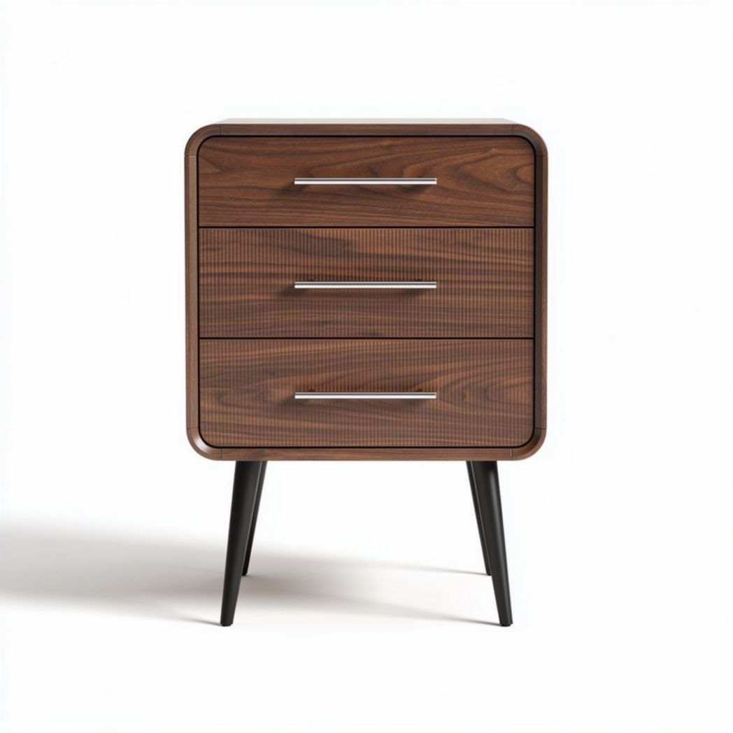 Wooden bedside table with three drawers and black metal legs 40 x 30 x 60cm