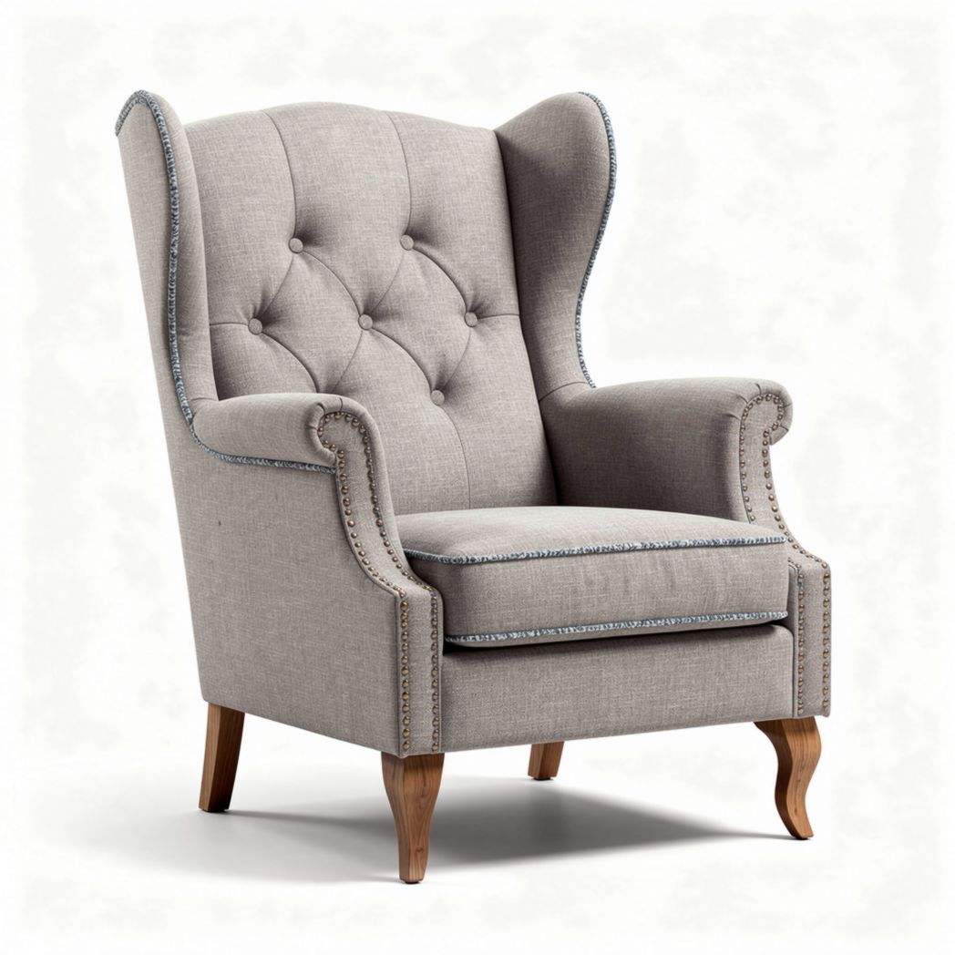 Wingback armchair in light gray fabric with wooden legs 80 x 75 x 100cm