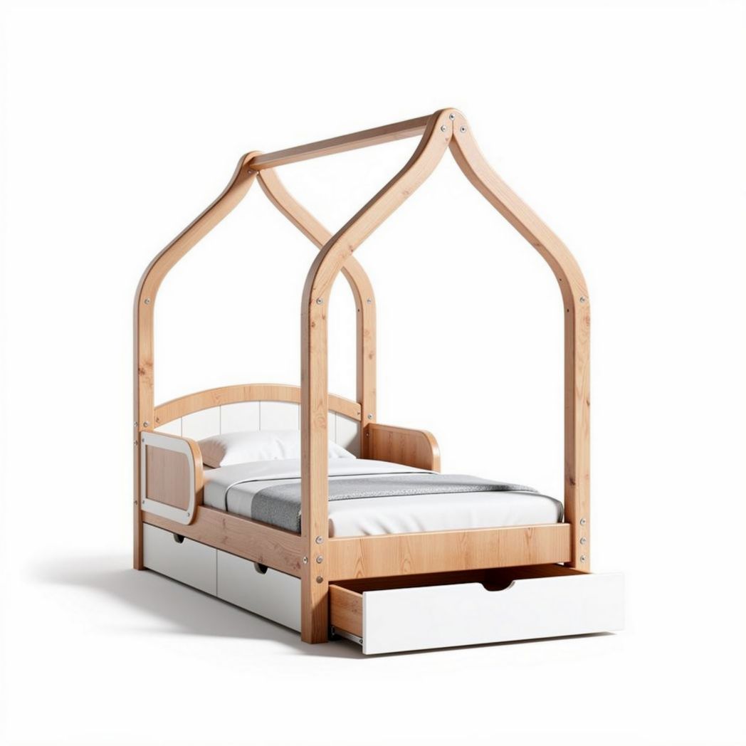 Wooden house bed frame with storage drawers suitable for kids room 200 x 100 x 180cm