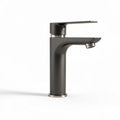 Matte black bathroom faucet with single handle and 360-degree swivel spout