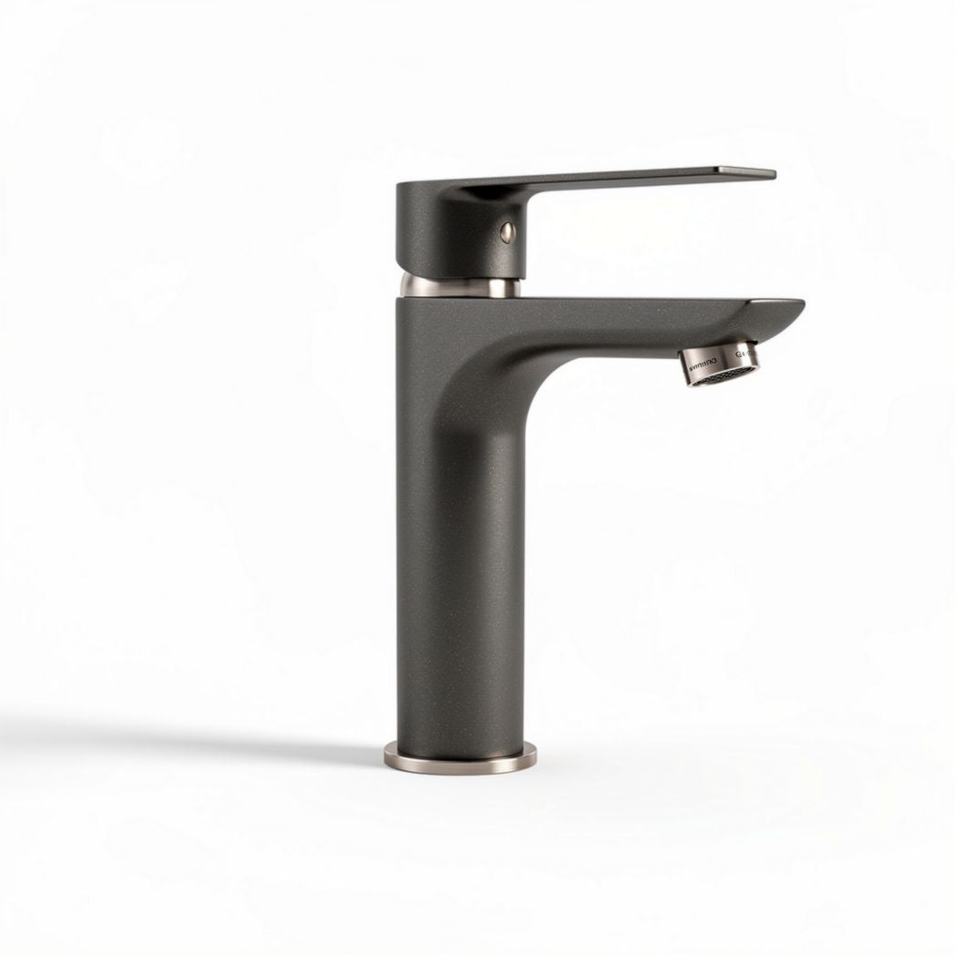 Matte black bathroom faucet with single handle and 360-degree swivel spout