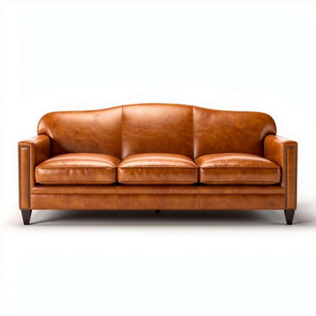 Brown leather three-seat sofa with wooden legs and modern design