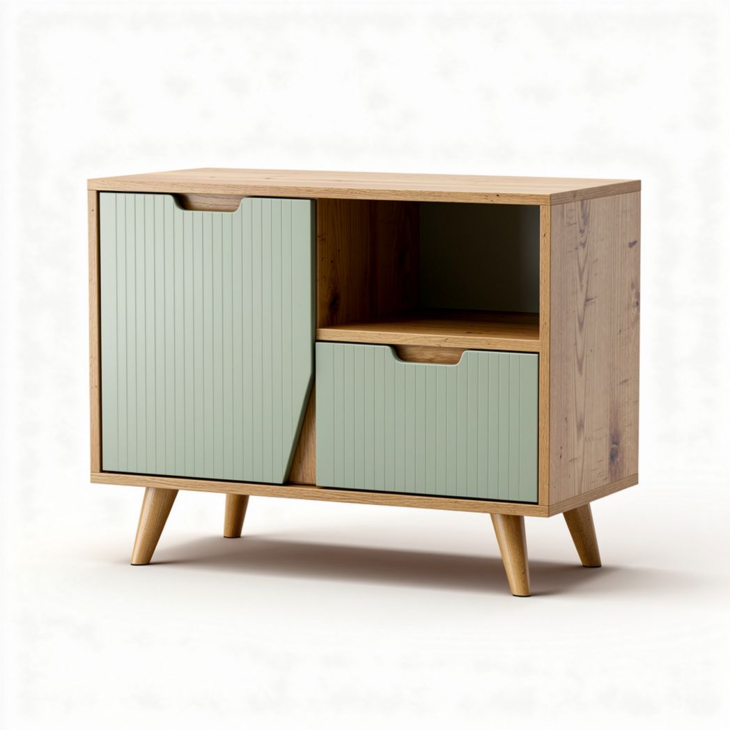 Modern wooden sideboard with green doors and two storage compartments 80 x 40 x 70cm