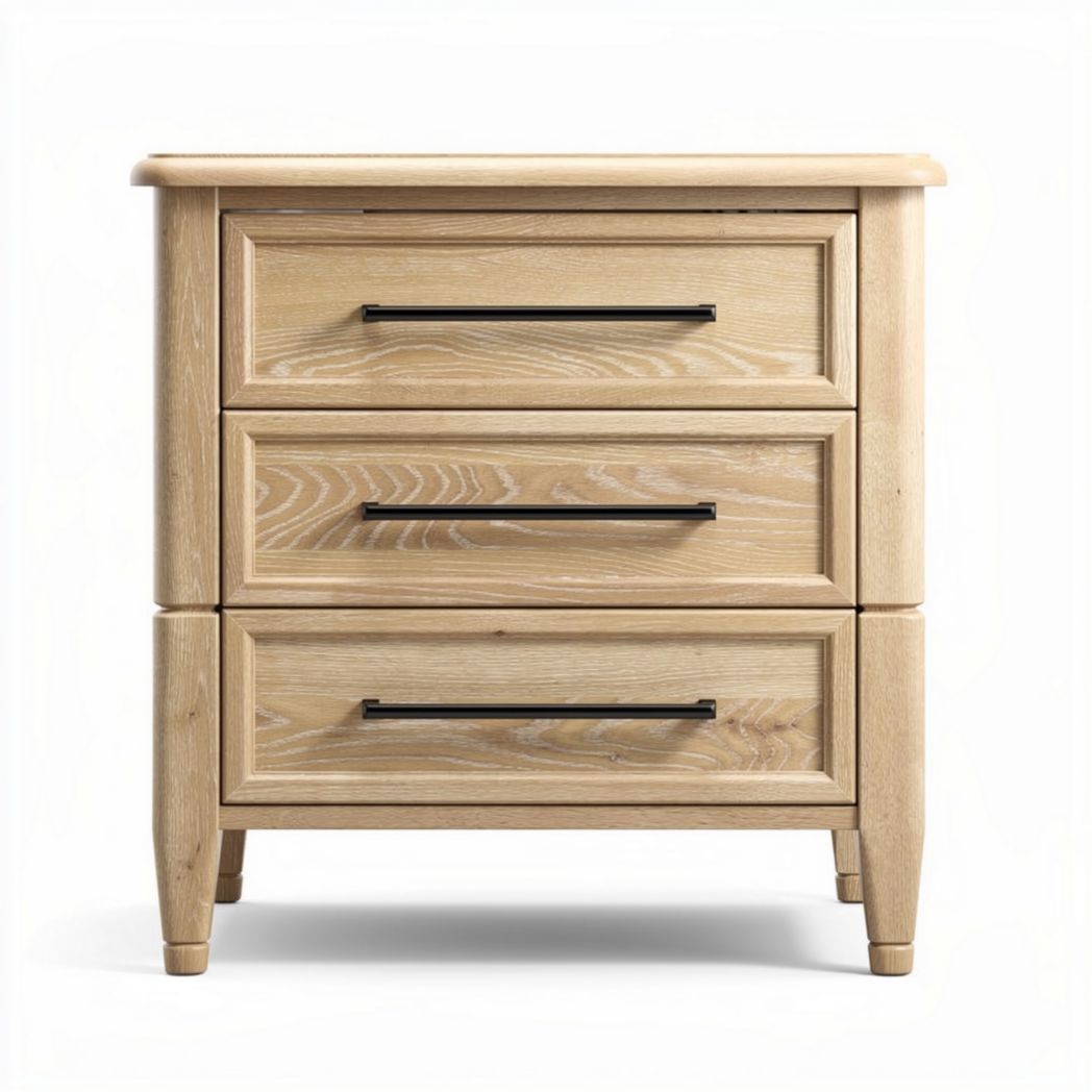 White nightstand with three drawers and decorative hardware 60 x 40 x 70cm